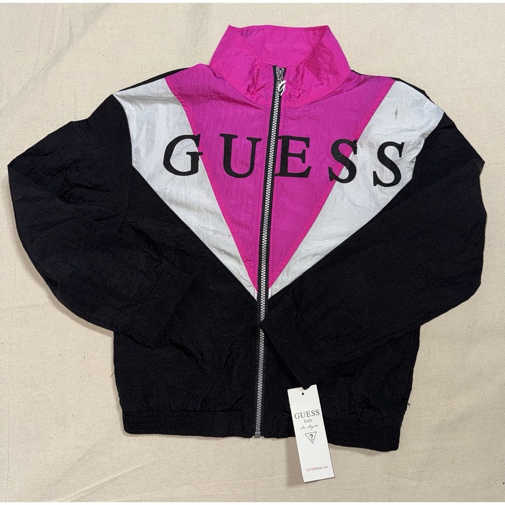 NWT Vintage Guess Kids Zip Up‎ Windbreaker Girls L 14 Pink White Black Jacket